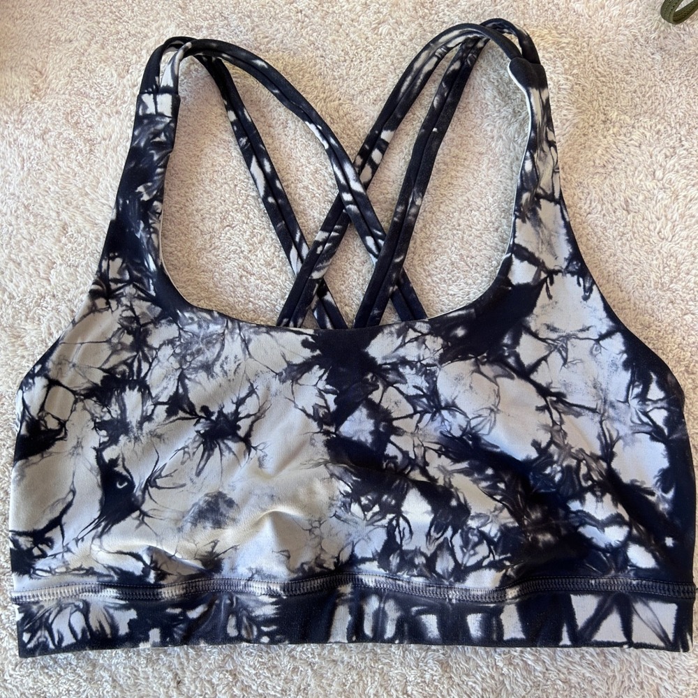 Lululemon Energy Bra Shibori Black White Tie Dye Strappy Sports Bra Size 6